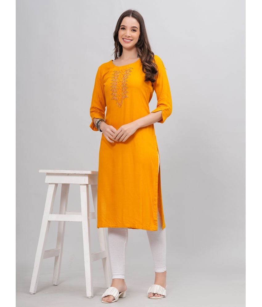     			JC4U Rayon Embroidered Straight Women's Kurti - Mustard ( Pack of 1 )