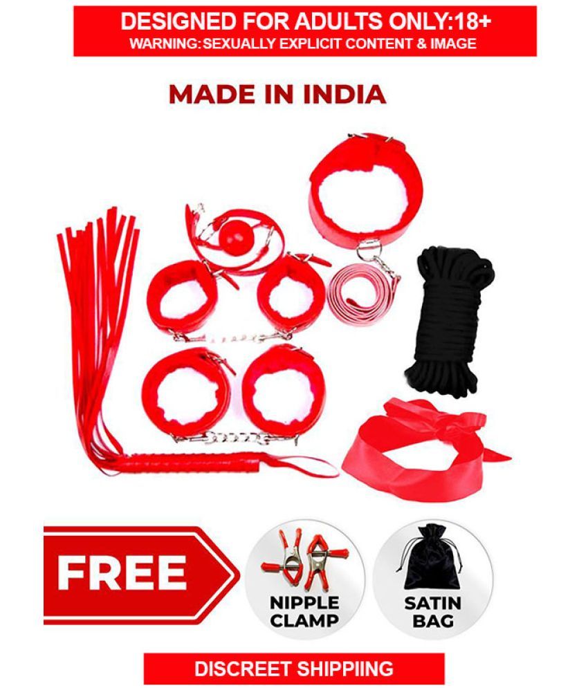     			KamukLife Red Leather Sexy Toy BDSM Bondage Kit for Adult party dildo fun, honeymoon couples, SM Domination, sexy fun Adult vibrator gifting includes Handcuffs nipple clamps flogger blindfold mouth gag ankle cuff neck collar  total-8 pcs