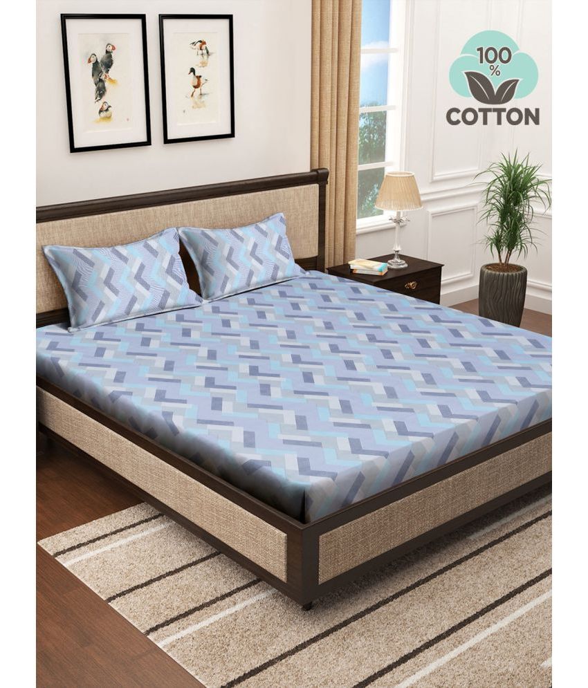     			Klotthe Cotton Geometric 1 Double King Size Bedsheet with 2 Pillow Covers - Indigo