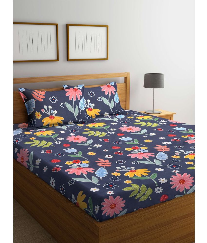     			Klotthe Poly Cotton Floral 1 Double King Size Bedsheet with 2 Pillow Covers - Dark Blue
