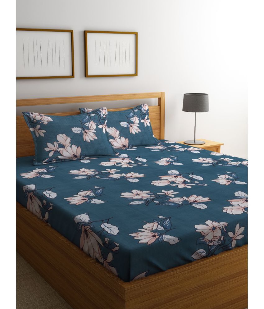     			Klotthe Poly Cotton Floral 1 Double King Size Bedsheet with 2 Pillow Covers - Blue