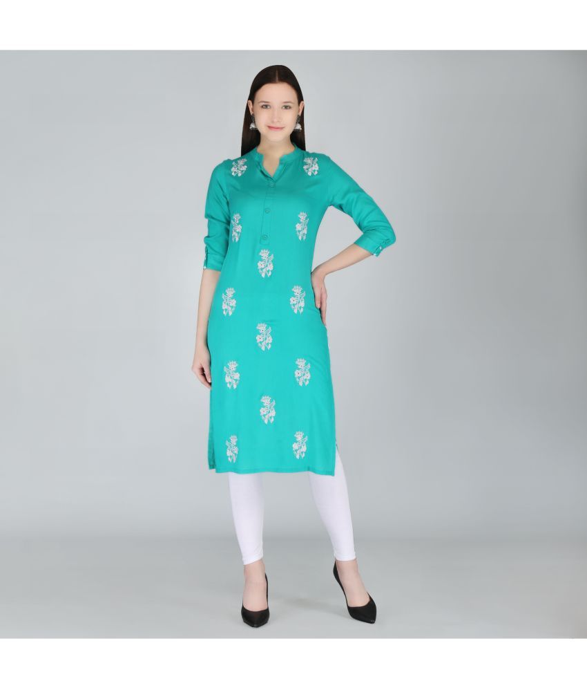     			MAUKA Rayon Printed Straight Women's Kurti - Turquoise ( Pack of 1 )