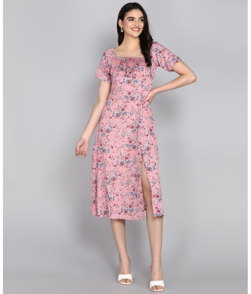     			SELVIFAB Cotton Blend Printed Midi Women's Side Slit Dress - Pink ( Pack of 1 )