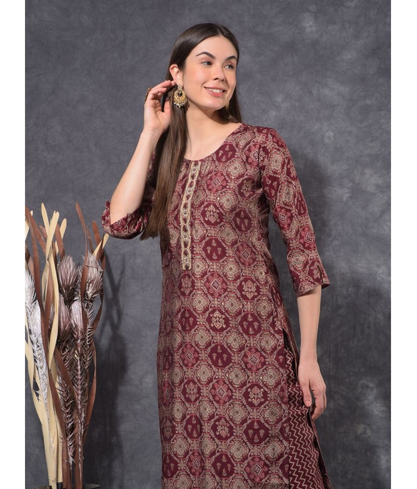     			Mamoose Cotton Blend Self Design Kurti With Pants Women's Stitched Salwar Suit - Maroon ( Pack of 1 )