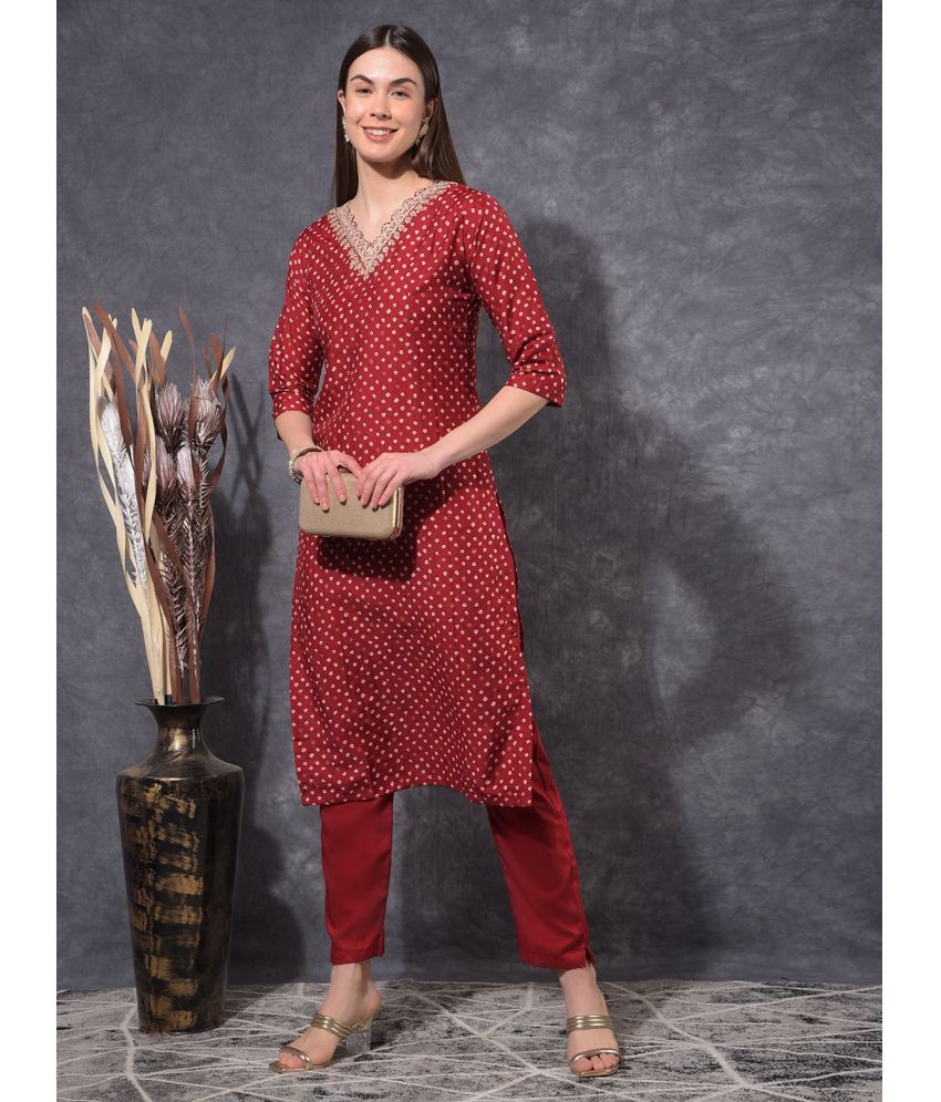     			Mamoose Cotton Blend Self Design Kurti With Pants Women's Stitched Salwar Suit - Maroon ( Pack of 1 )