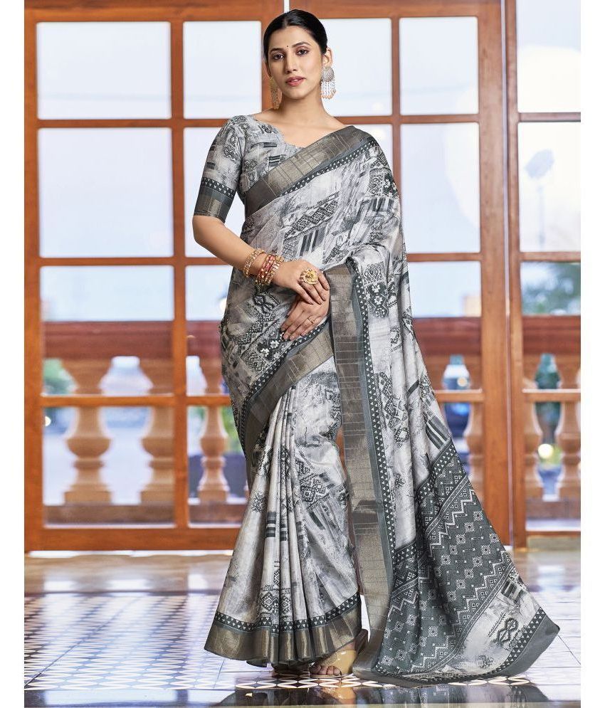     			Satrani Silk Printed Saree With Blouse Piece - Grey ( Pack of 1 )
