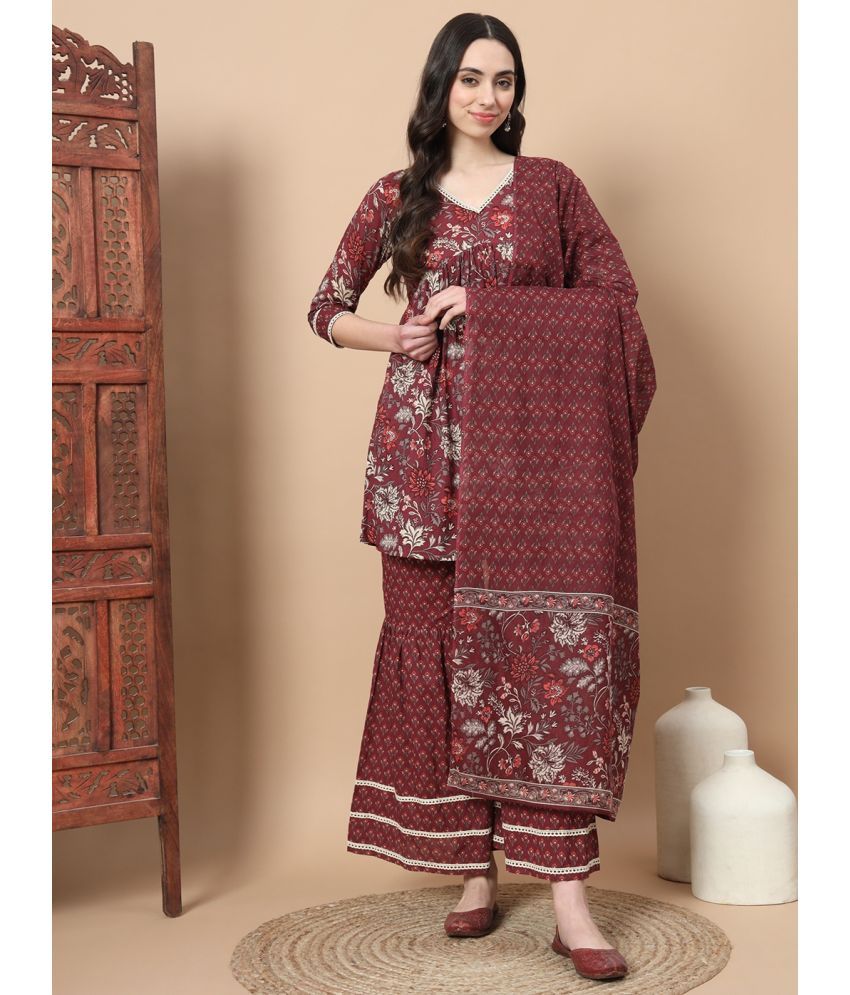     			Yufta Cotton Printed Kurti With Sharara And Gharara Women's Stitched Salwar Suit - Maroon ( Pack of 1 )