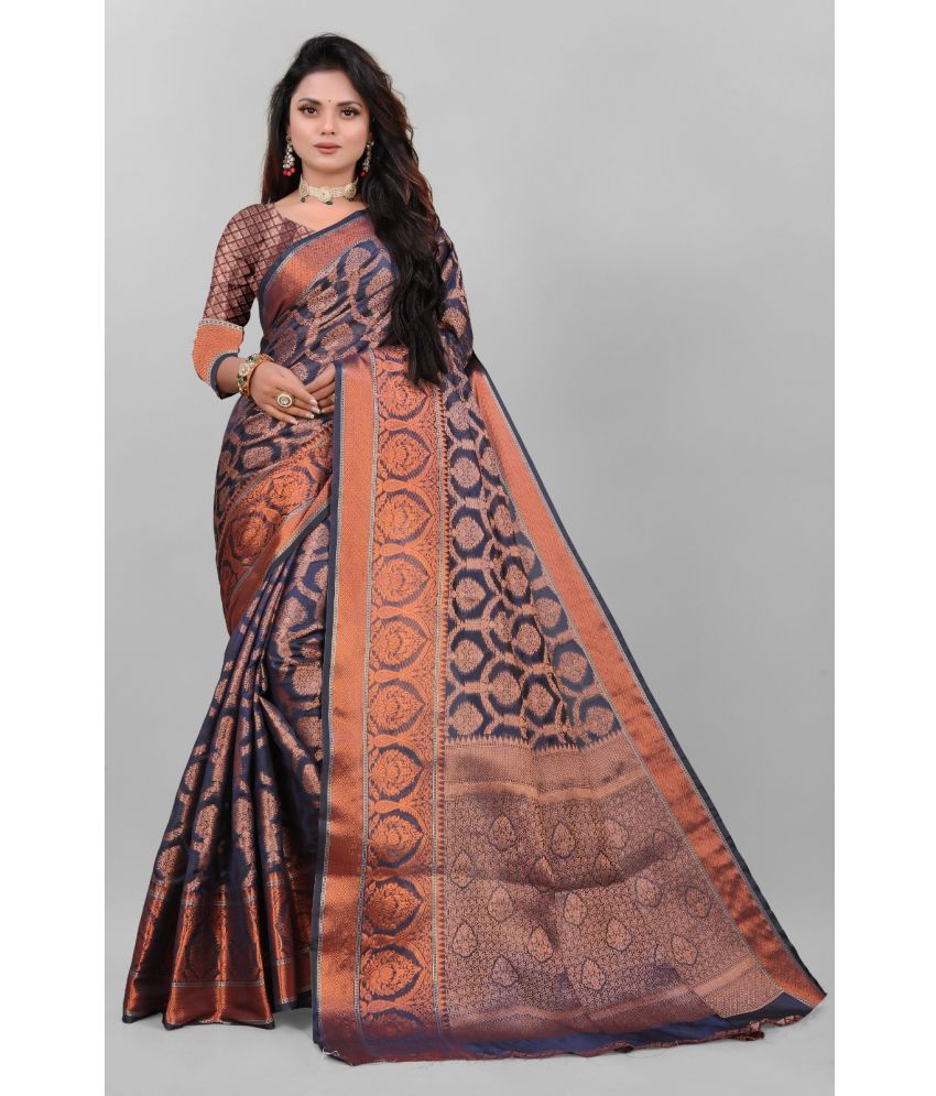     			looknchoice Banarasi Silk Self Design Saree With Blouse Piece - Blue ( Pack of 1 )