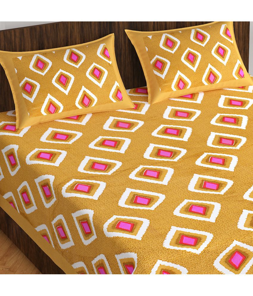     			CLOTHOLOGY Cotton Abstract 1 Double Bedsheet with 2 Pillow Covers - Yellow