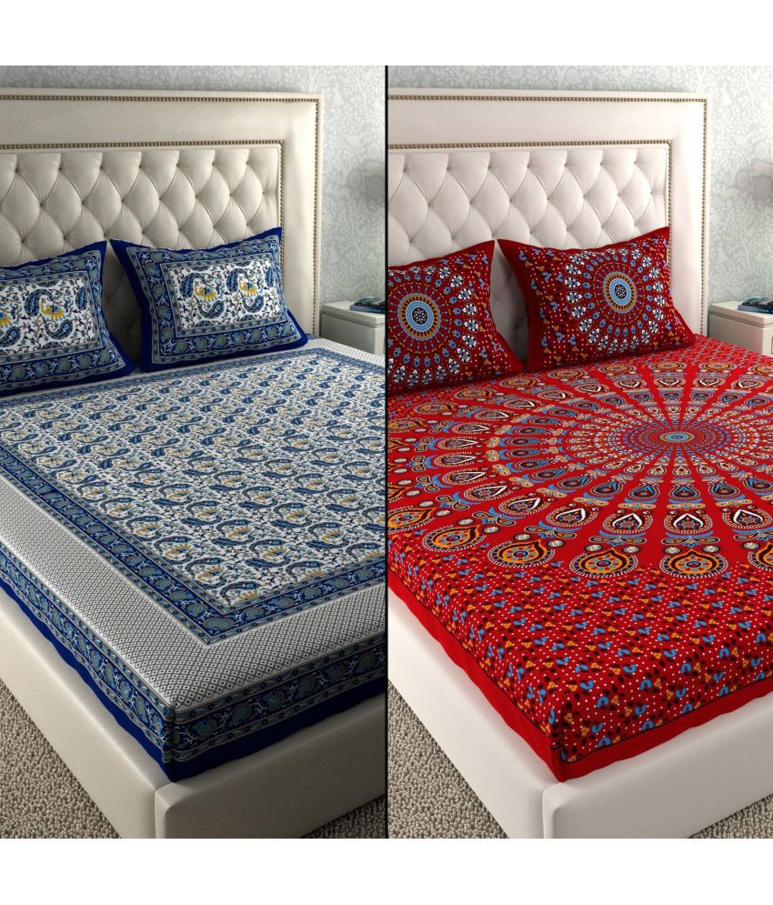     			CLOTHOLOGY Cotton Ethnic 2 Double Bedsheet with 4 Pillow Covers - Navy Blue