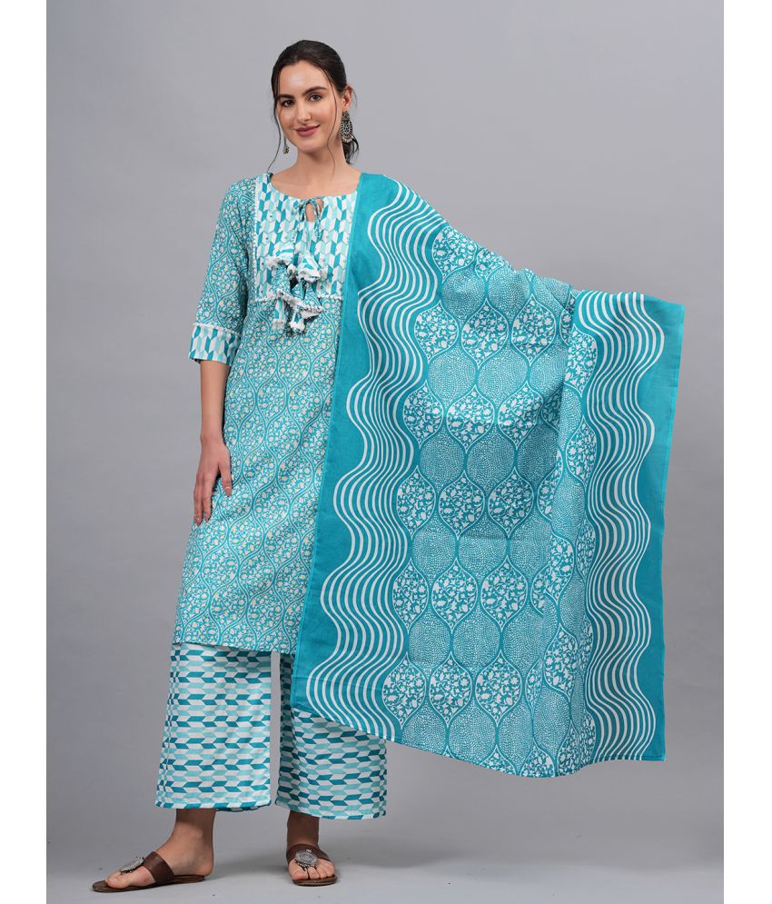     			JC4U Cotton Self Design Kurti With Pants Women's Stitched Salwar Suit - Light Blue ( Pack of 1 )
