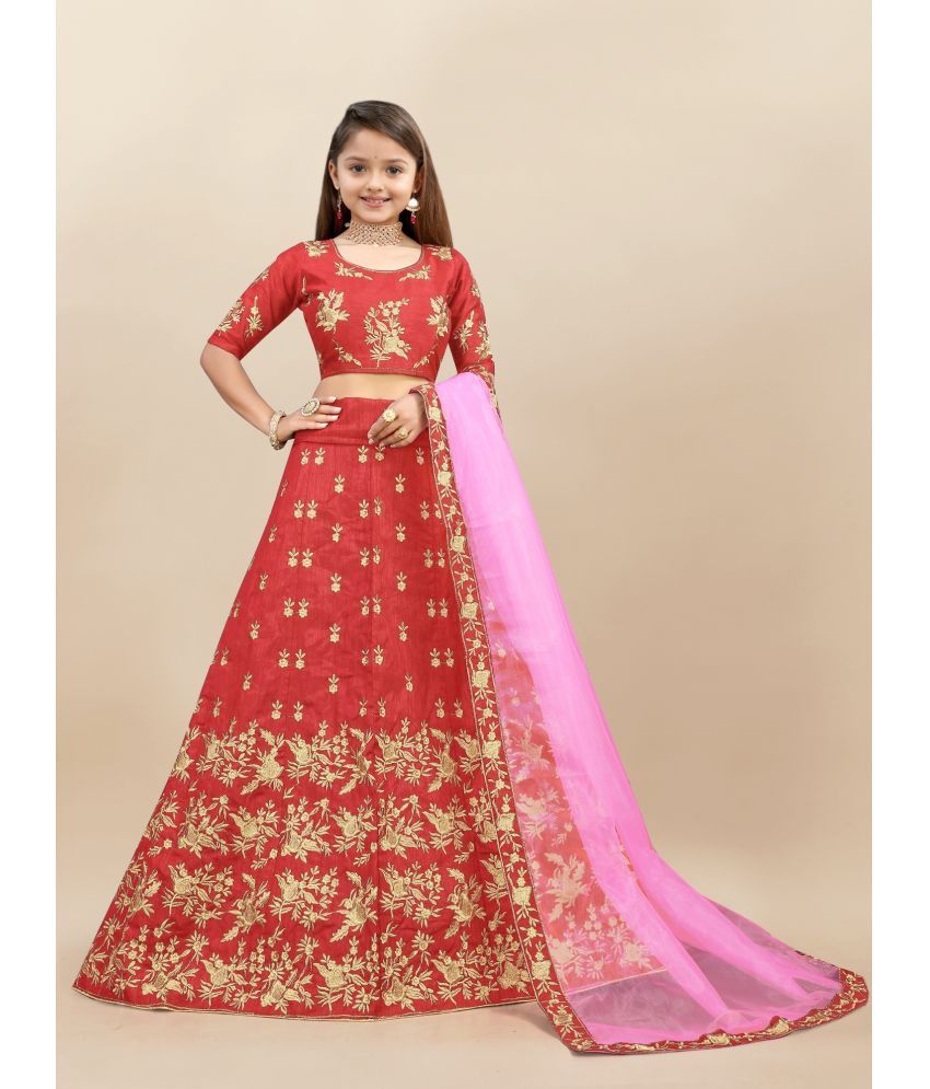     			JULEE Red Silk Girls Lehenga Choli Set ( Pack of 1 )