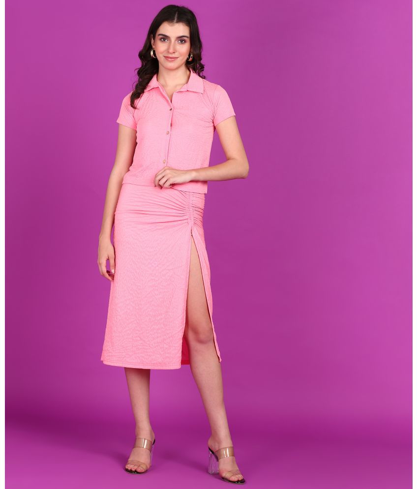     			POPWINGS Pink Self Design Skirt Top Set