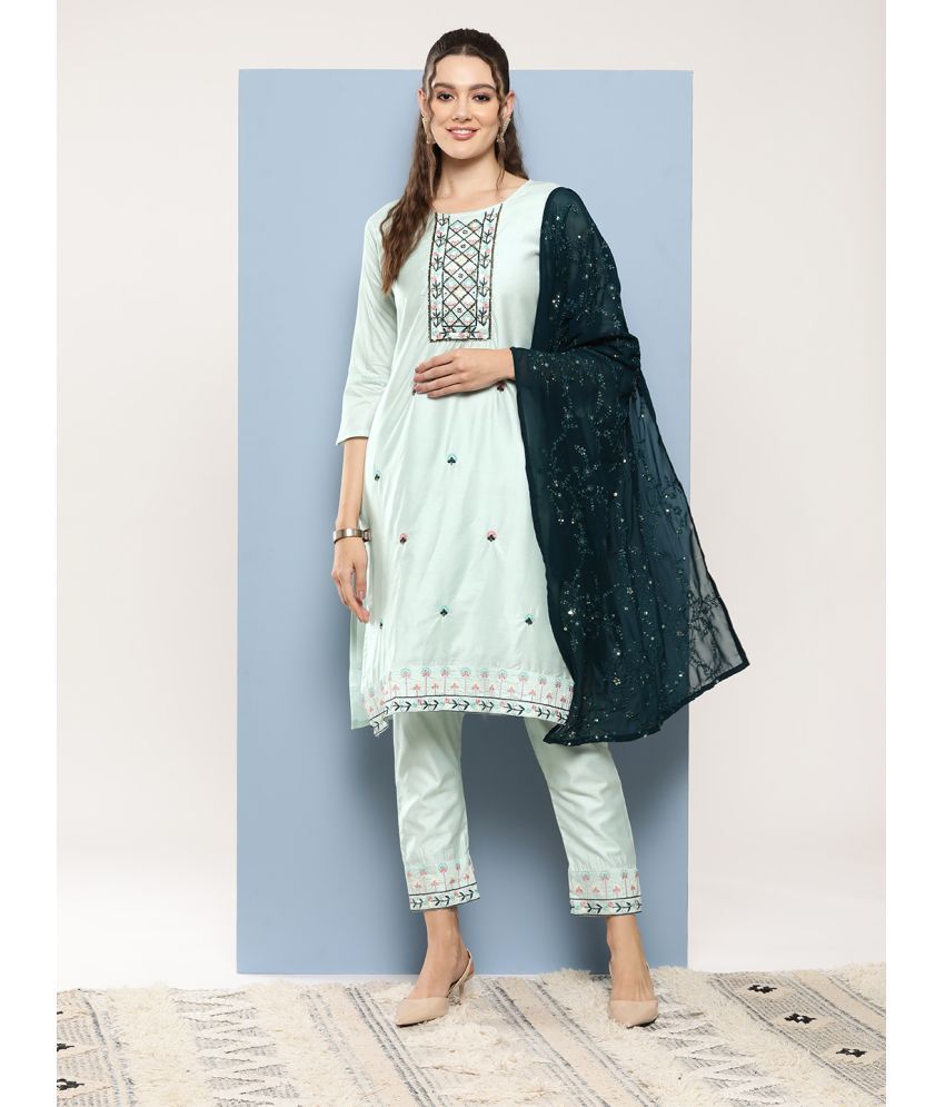     			Aarika Cotton Blend Embroidered Kurti With Pants Women's Stitched Salwar Suit - Blue ( Pack of 1 )