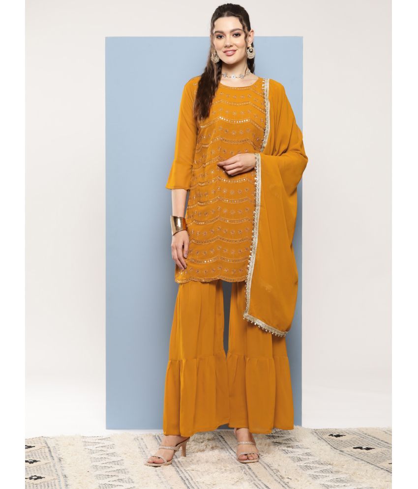     			Aarika Georgette Embroidered Kurti With Sharara And Gharara Women's Stitched Salwar Suit - Mustard ( Pack of 1 )