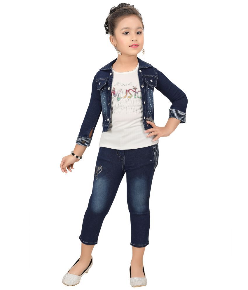     			Arshia Fashions Blue Denim Girls Top With Jacket With Capris ( Pack of 1 )