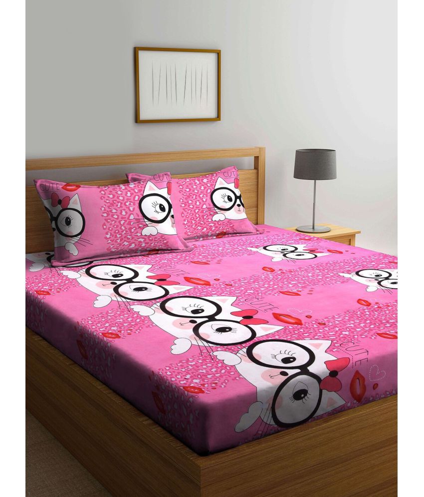     			FABINALIV Poly Cotton Animal 1 Double Bedsheet with 2 Pillow Covers - Pink