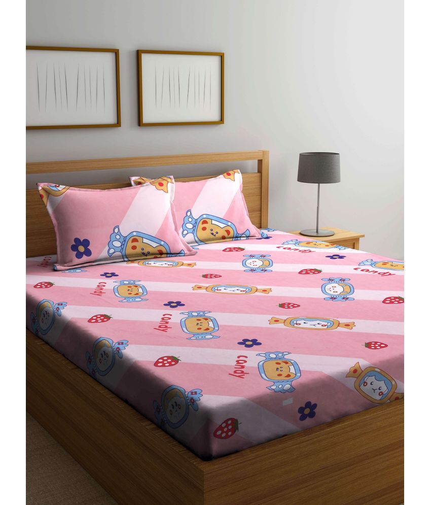     			FABINALIV Poly Cotton Animal 1 Double Bedsheet with 2 Pillow Covers - Baby Pink