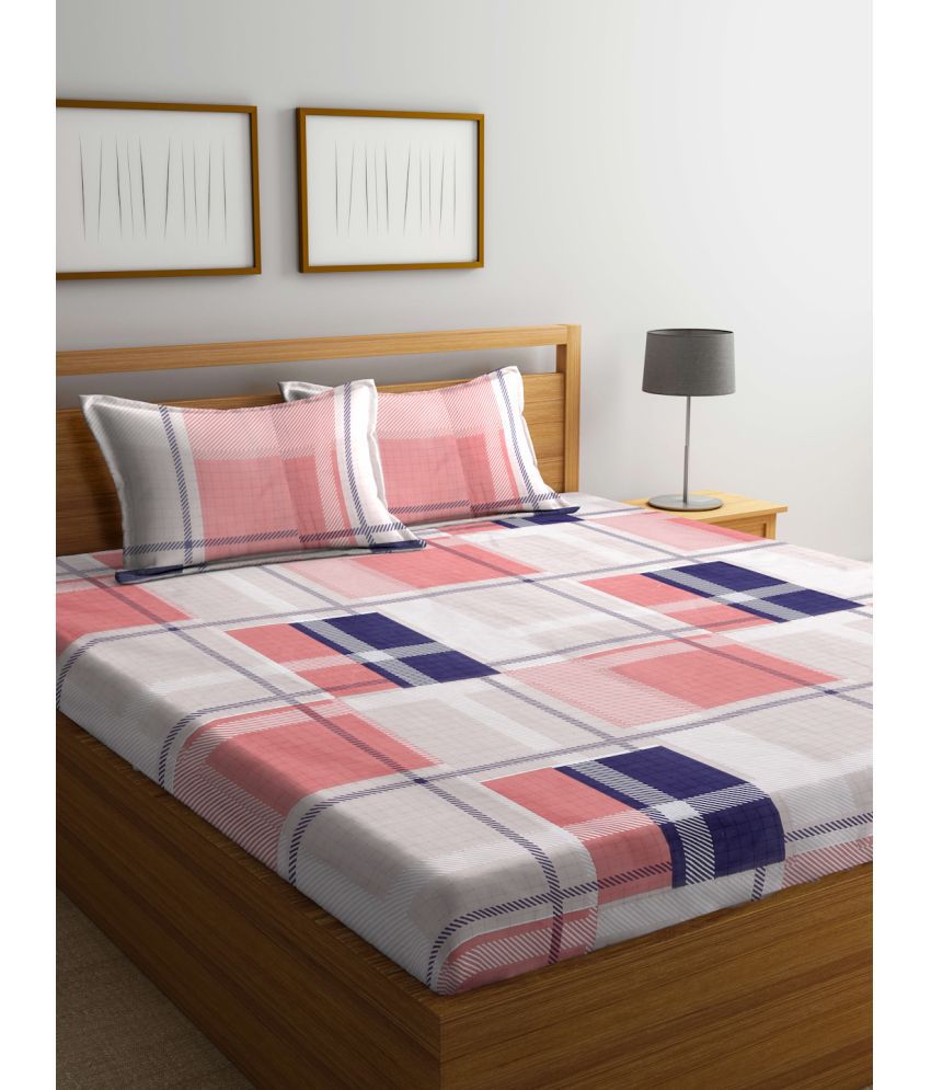     			FABINALIV Poly Cotton Big Checks 1 Double Bedsheet with 2 Pillow Covers - Peach