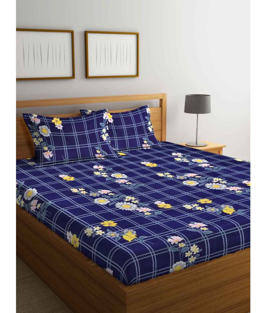    			FABINALIV Poly Cotton Floral 1 Double Bedsheet with 2 Pillow Covers - Navy Blue