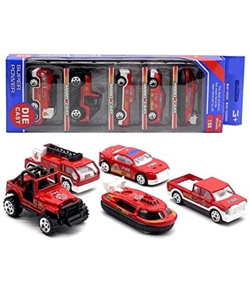     			Friction-Powered Die-Cast Mini City Cars - Set of 5 - 1:64 Scale Ratio - Fire Brigade Set (Red)
