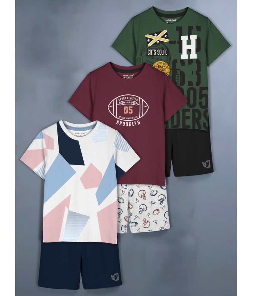     			HELLCAT Burgundy Cotton Blend Baby Boy T-Shirt & Shorts ( Pack of 3 )