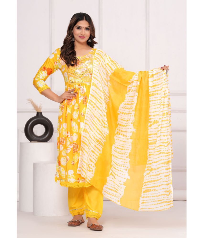     			Heavenly Attire Cotton Embroidered Kurti With Pants Women's Stitched Salwar Suit - Yellow ( Pack of 1 )