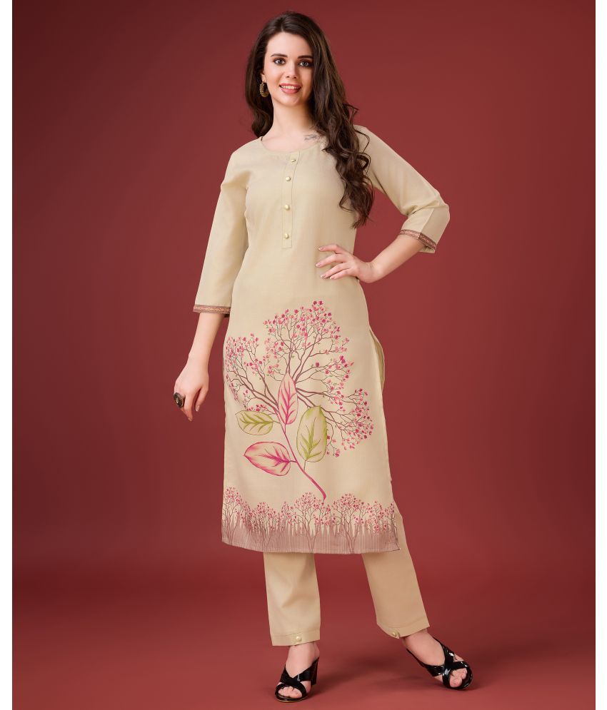     			MOJILAA Linen Printed Kurti With Pants Women's Stitched Salwar Suit - Cream ( Pack of 1 )