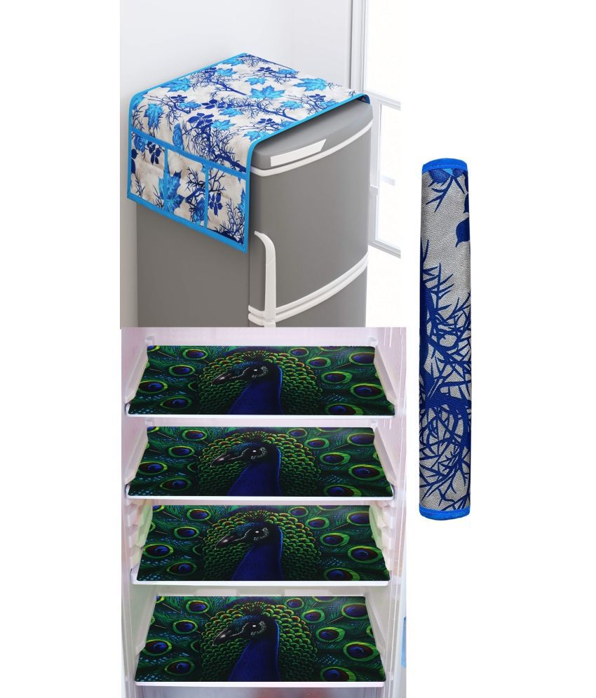     			SHUBH Polyester Floral Fridge Mat & Cover ( 99 58 ) Pack of 6 - Blue