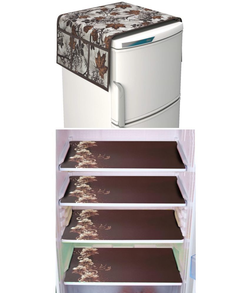     			SHUBH Polyester Floral Fridge Mat & Cover ( 99 58 ) Pack of 5 - Brown