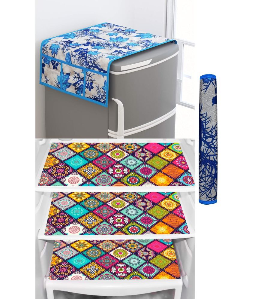     			SHUBH Polyester Floral Fridge Mat & Cover ( 99 58 ) Pack of 5 - Blue