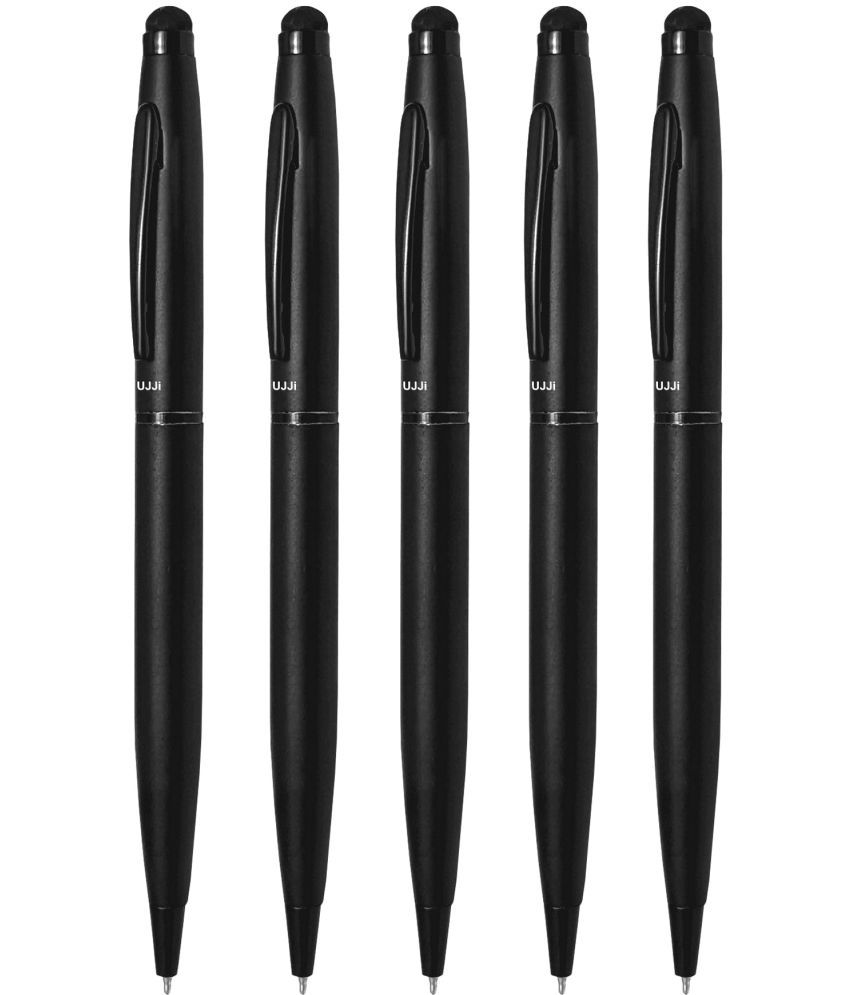     			UJJi Matte Black Pen with Stylus for Touch Screen Pack of 5pcs (Blue Ink) Ball Pen