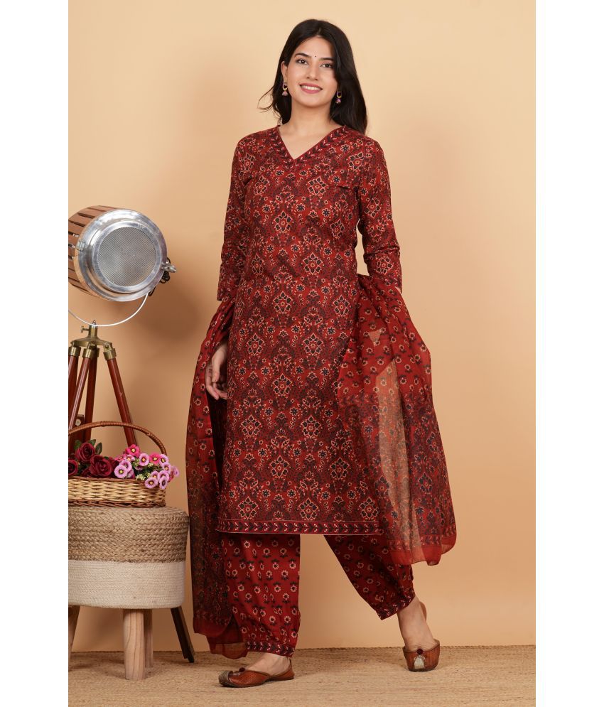     			Vbuyz Cotton Printed Kurti With Pants Women's Stitched Salwar Suit - Maroon ( Pack of 1 )