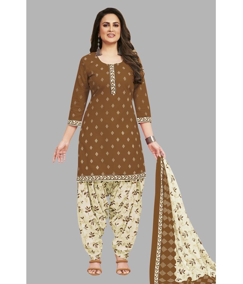     			shree jeenmata collection Cotton Printed Kurti With Patiala Women's Stitched Salwar Suit - Brown ( Pack of 1 )