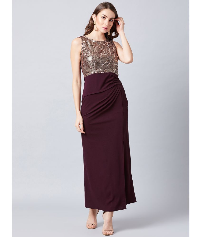     			Athena Polyester Embellished Full Length Women's Side Slit Dress - Burgundy ( Pack of 1 )