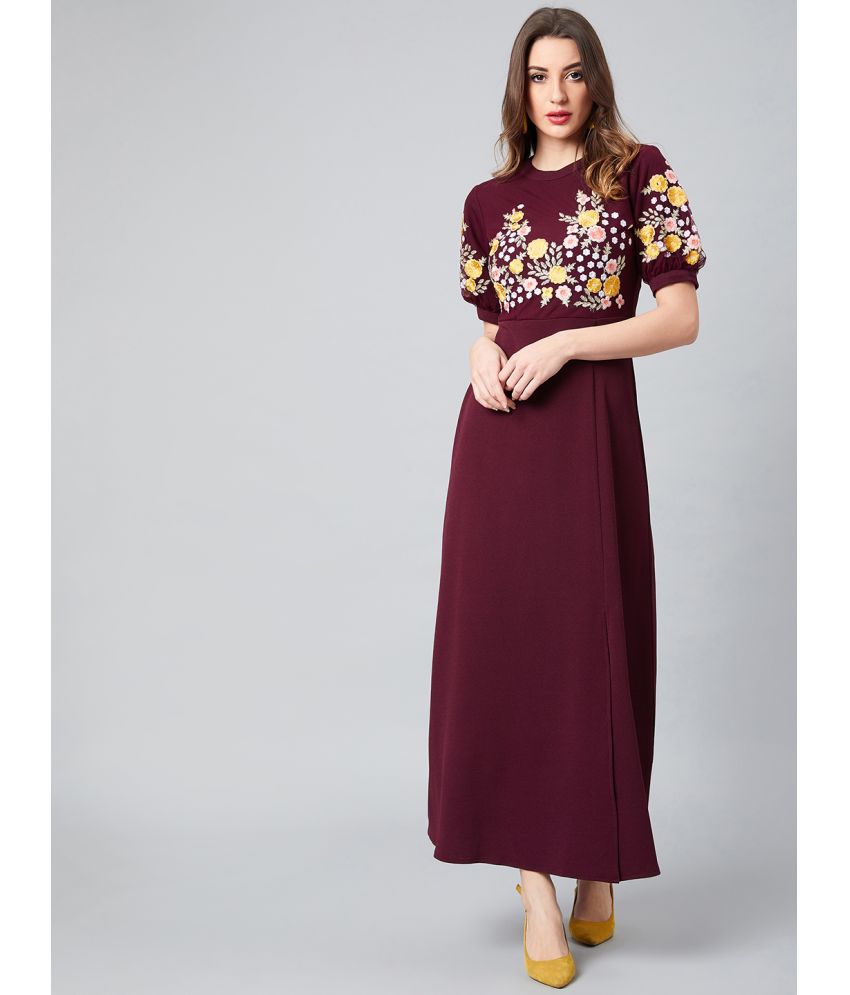     			Athena Polyester Embroidered Full Length Women's Side Slit Dress - Burgundy ( Pack of 1 )