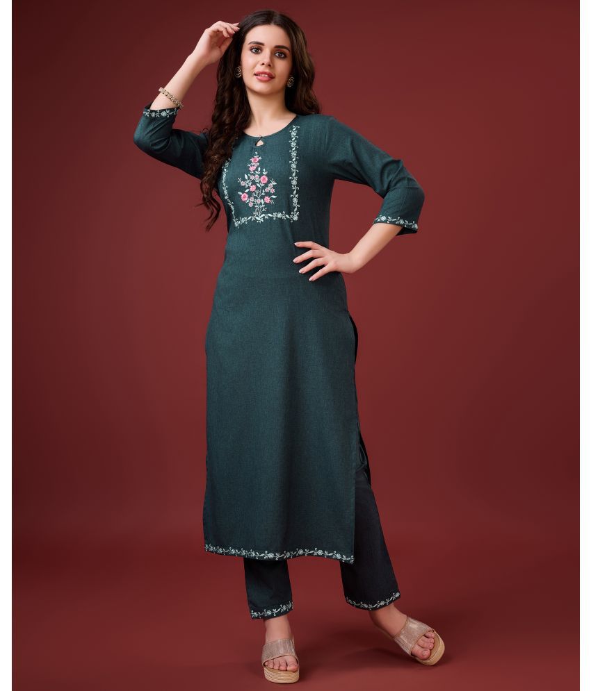     			MOJILAA Linen Embroidered Kurti With Pants Women's Stitched Salwar Suit - Teal ( Pack of 1 )