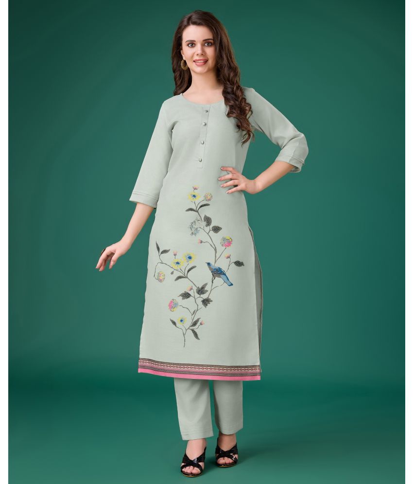     			MOJILAA Linen Printed Kurti With Pants Women's Stitched Salwar Suit - Grey ( Pack of 1 )