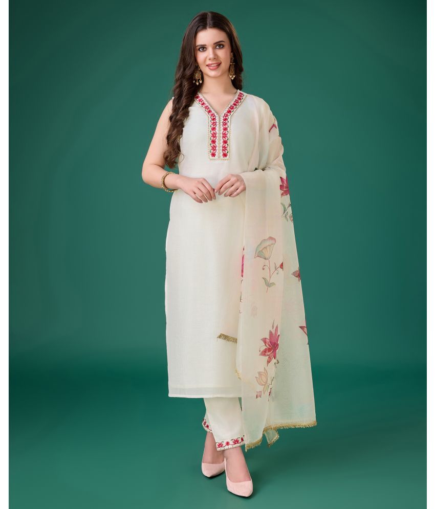     			MOJILAA Silk Embroidered Kurti With Pants Women's Stitched Salwar Suit - White ( Pack of 1 )