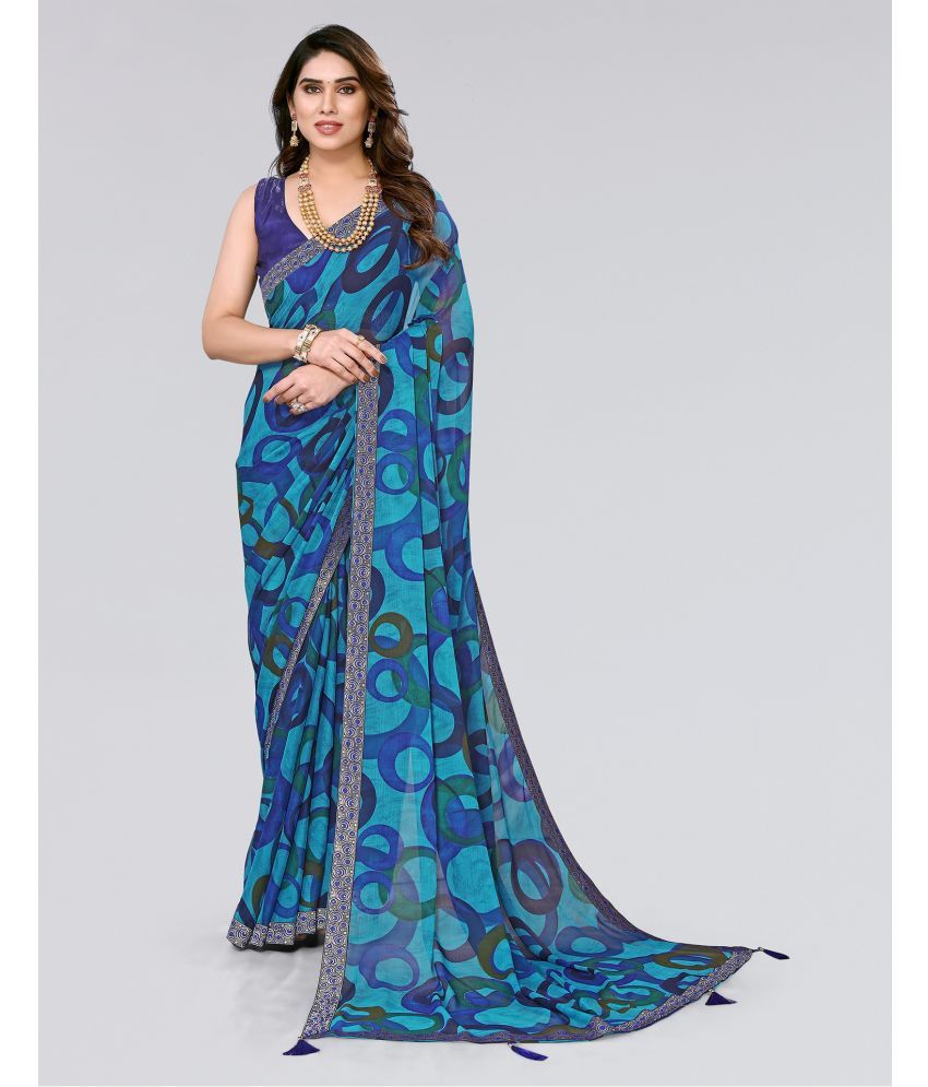     			Samah Chiffon Printed Saree With Blouse Piece - Blue ( Pack of 1 )