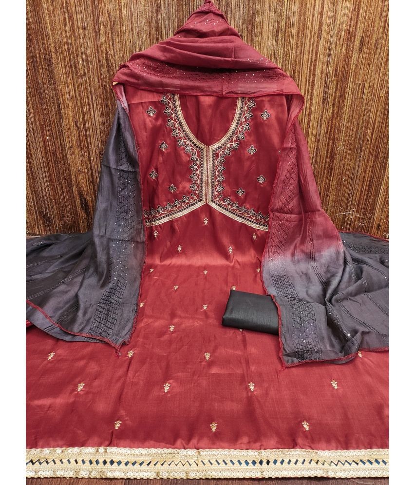     			Aika Unstitched Silk Embroidered Dress Material - Maroon ( Pack of 1 )