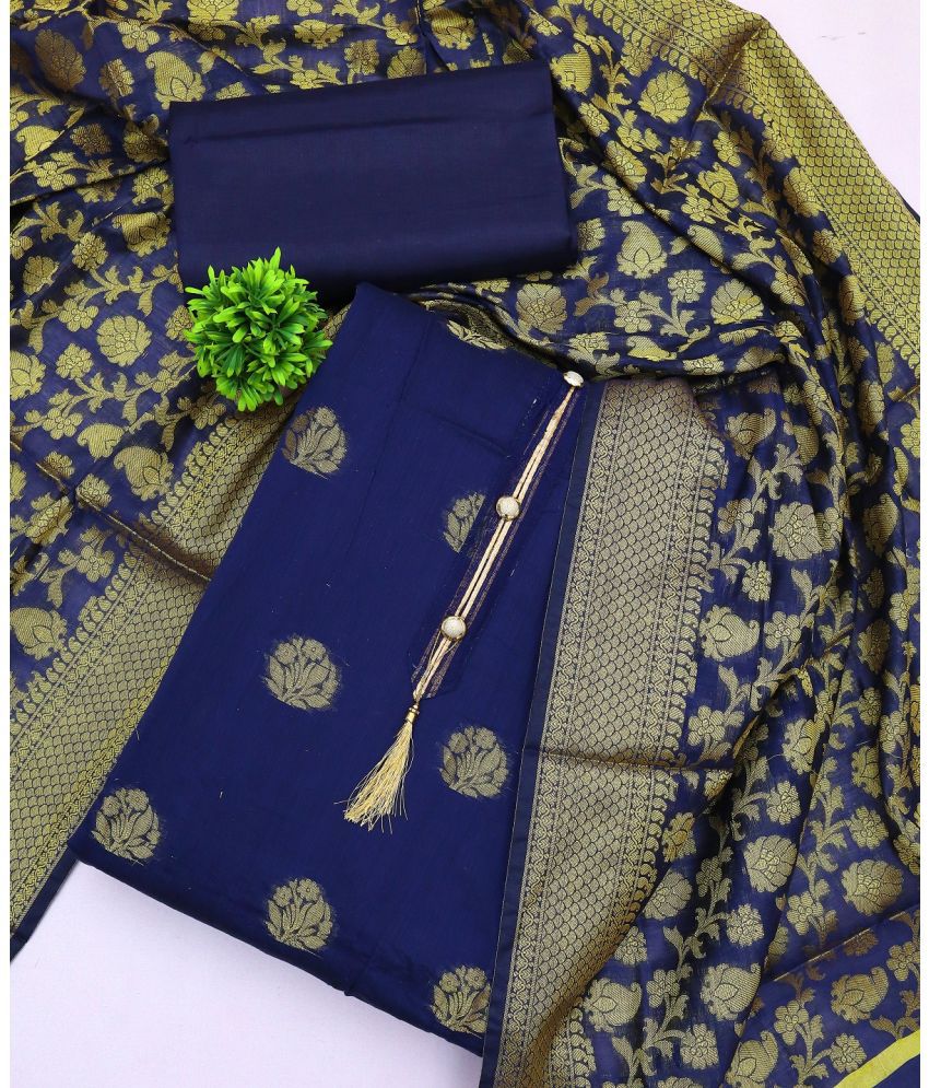     			Apnisha Unstitched Banarasi Printed Dress Material - Navy Blue ( Pack of 1 )