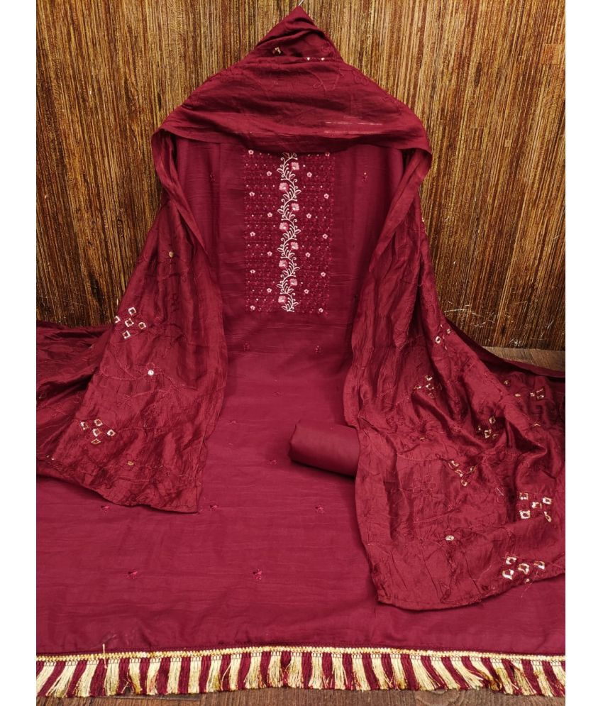     			Apnisha Unstitched Silk Embroidered Dress Material - Maroon ( Pack of 1 )