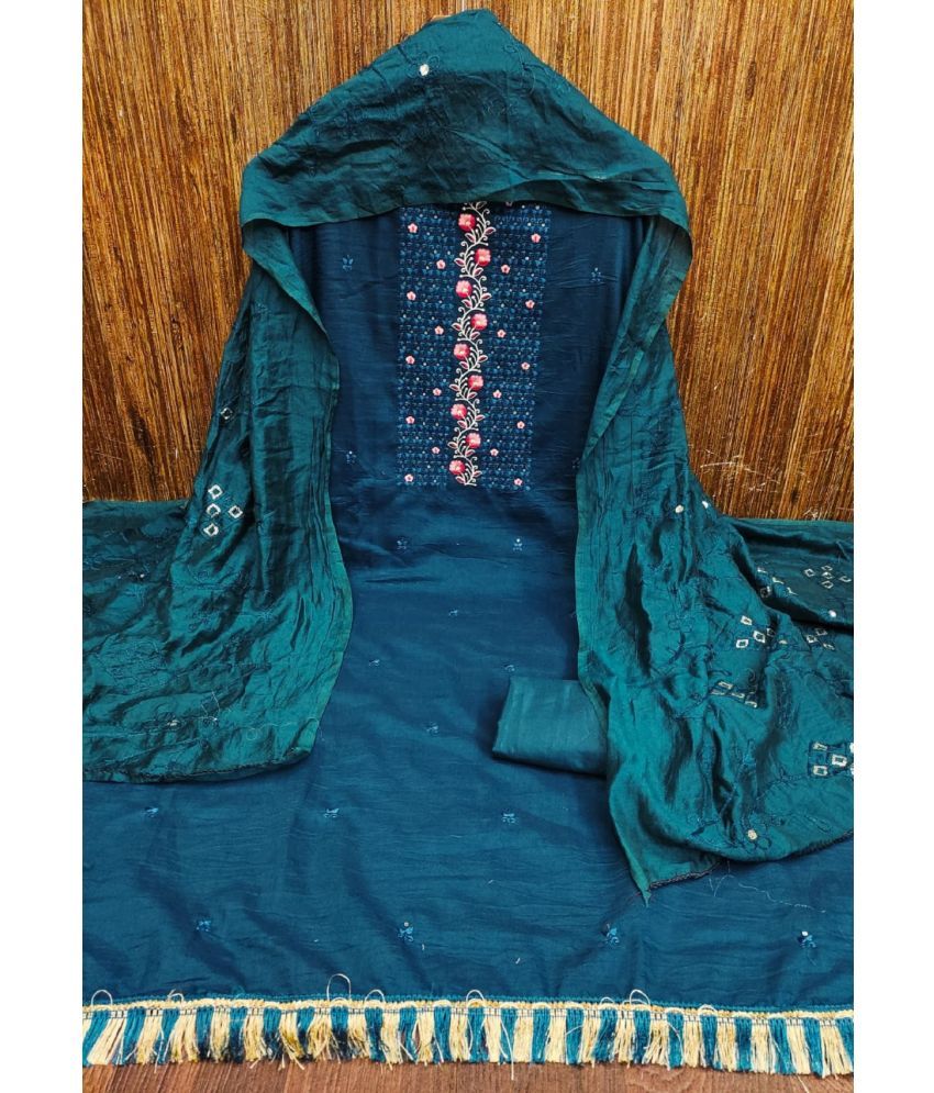     			Apnisha Unstitched Silk Embroidered Dress Material - Teal ( Pack of 1 )