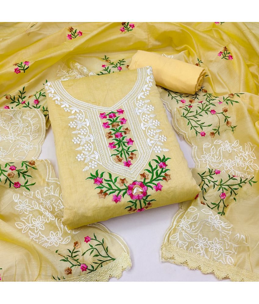     			Apnisha Unstitched Silk Embroidered Dress Material - Yellow ( Pack of 1 )