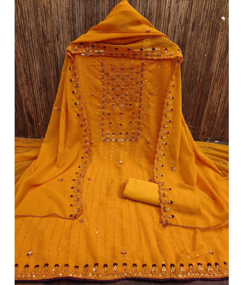     			JULEE Unstitched Georgette Embellished Dress Material - Mustard ( Pack of 1 )