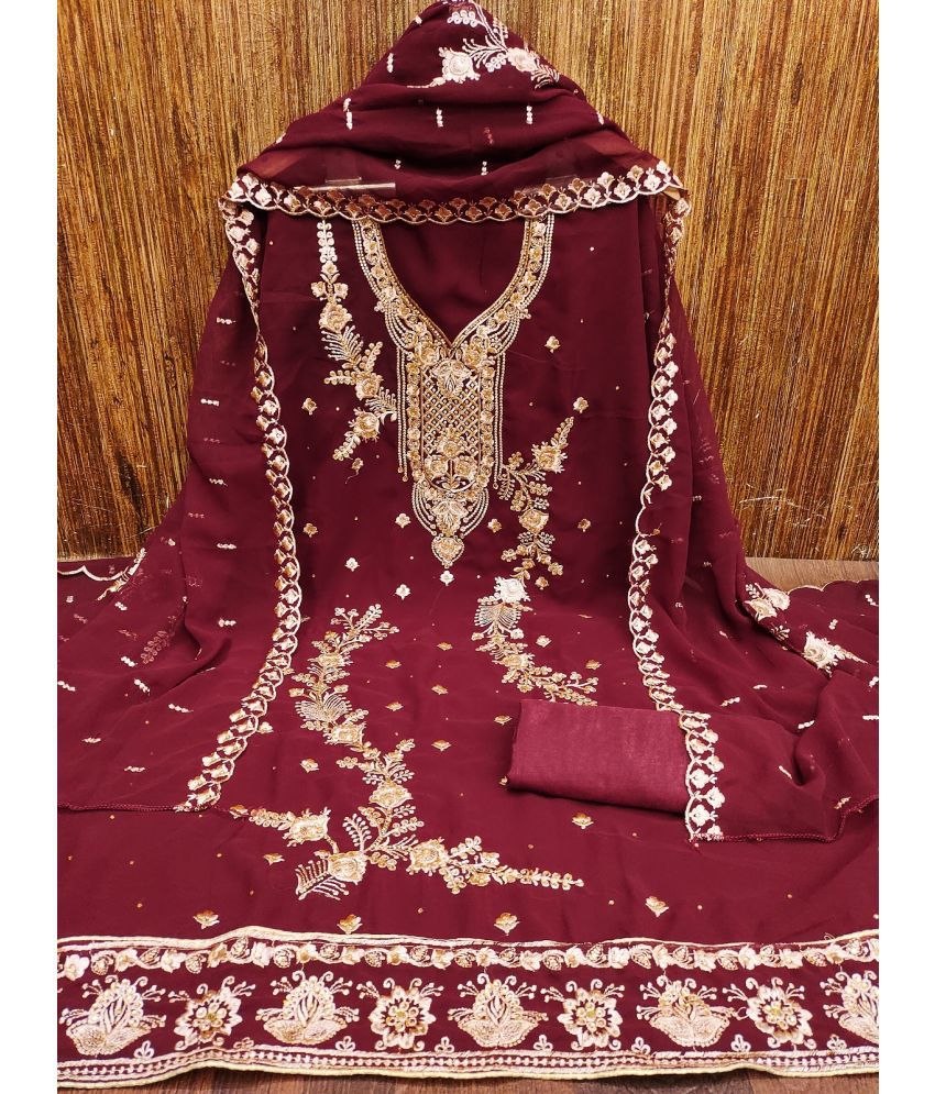     			JULEE Unstitched Georgette Embroidered Dress Material - Maroon ( Pack of 1 )