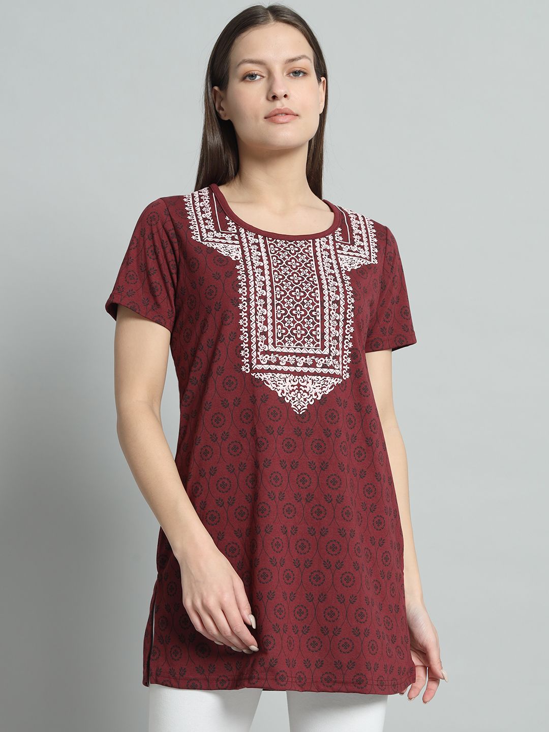     			OGEN Cotton Blend Printed A-line Women's Kurti - Maroon ( Pack of 1 )