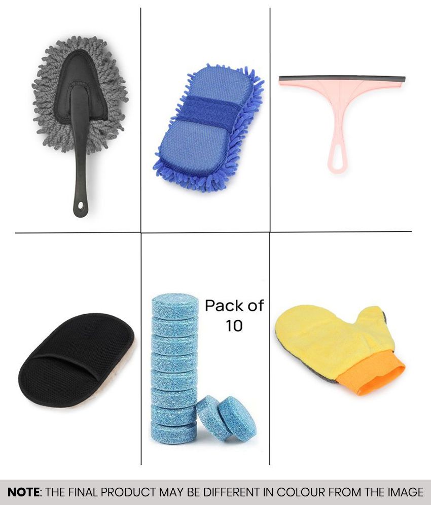     			HOMETALES - Car Cleaning Combo Of Microfiber Sponge , Plain Gloves , Mini Duster , Wool Gloves , Wiper And Glass CleaningTablet for car accessories( Pack Of 15 )