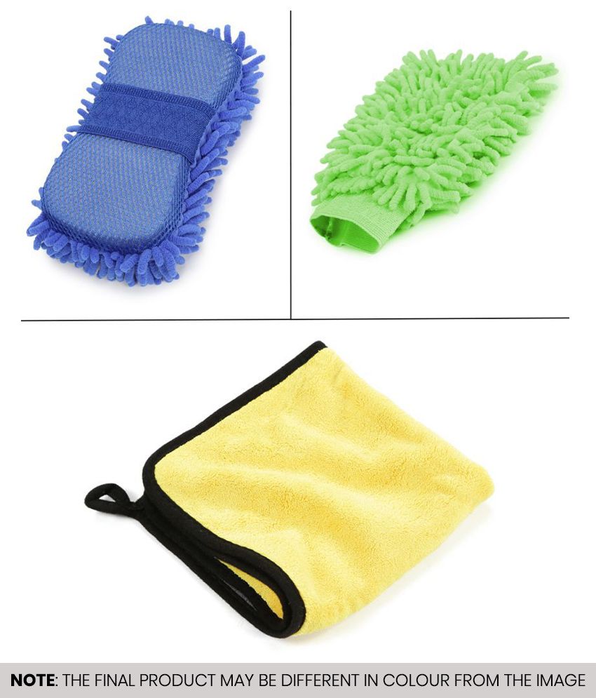     			HOMETALES - Car Cleaning Combo Of Microfiber Sponge , GlovesAnd Microfiber Towel 600 GSM 40*40 CM for car accessories( Pack of 3 )